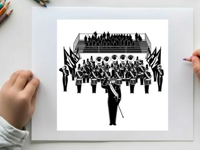 Marching band performance in silhouette at outdoor stadium