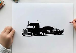 Silhouette of a semi truck hauling a boat on a trailer