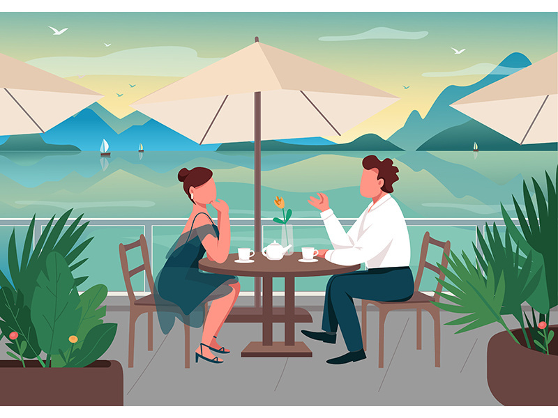 Romantic date at seaside resort flat color vector illustration