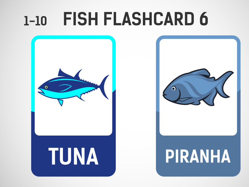 Fish flashcards for kids. Educational cards for preschool. Printable vector illustration