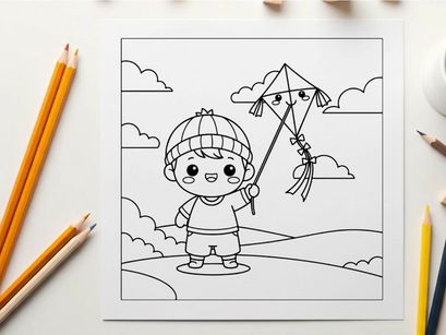 Boy flying kite vector illustration flat design kids activity