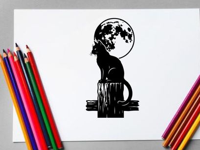 Silhouette of a cat sitting on a tree stump with full moon in background
