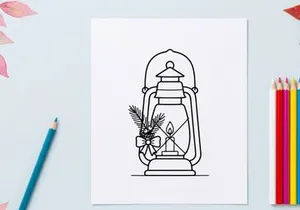 Ilustrasi seni garis lentera Natal dengan cabang-cabang pinus dan hiasan pita meriah