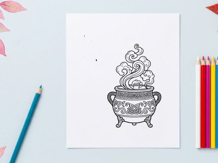 Witch cauldron with magic steam. Halloween potion pot illustration for coloring page.