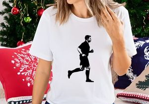 A black and white silhouette of a man running in athletic wear