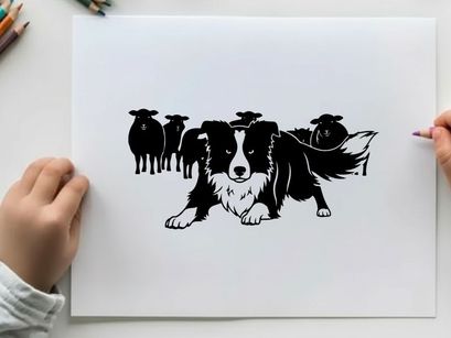 Border collie herding sheep silhouette illustration