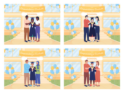 School graduation ceremony color vector illustration set
