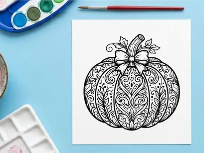 Hand-drawn ornate pumpkin illustration for autumn and Halloween designs. Intricate black and white sketch of a decorative fall gourd with floral mo...