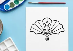 Hand fan line art icon. Decorative folding fan with star symbol for graphic design.