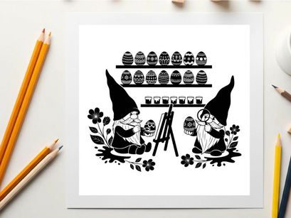 Gnomes in a workshop with silhouette of various objects and plants