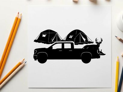 Silhouette of pickup truck with tents and deer on a white background