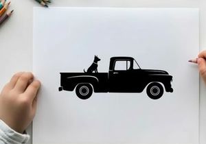Silhouette of a dog in a classic pickup truck