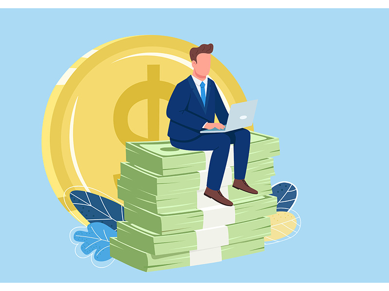 Successful employee sitting on pile of money flat concept vector illustration