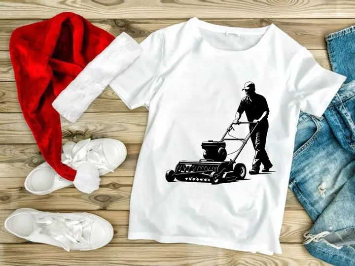Man pushing a lawn mower on a plain background