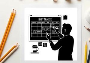 Silhouette of man using habit tracker on a whiteboard