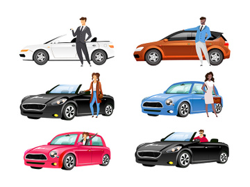 Happy auto owners flat color vector faceless characters set preview picture