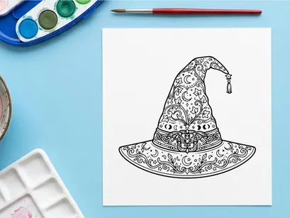 Witch hat with intricate lace pattern design. Elegant fantasy accessory for Halloween costumes and gothic fashion.