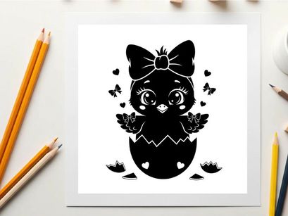 Cute silhouette bunny hatching from egg with bow and hearts