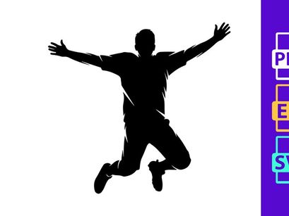 A silhouette of a man jumping in the air with arms outstretched and legs bent