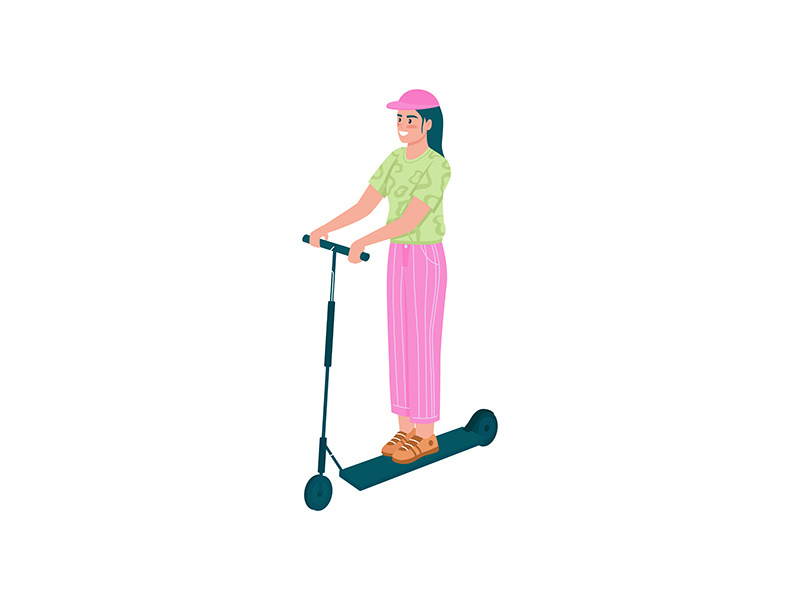 Happy girl on electric scooter flat color vector detailed character