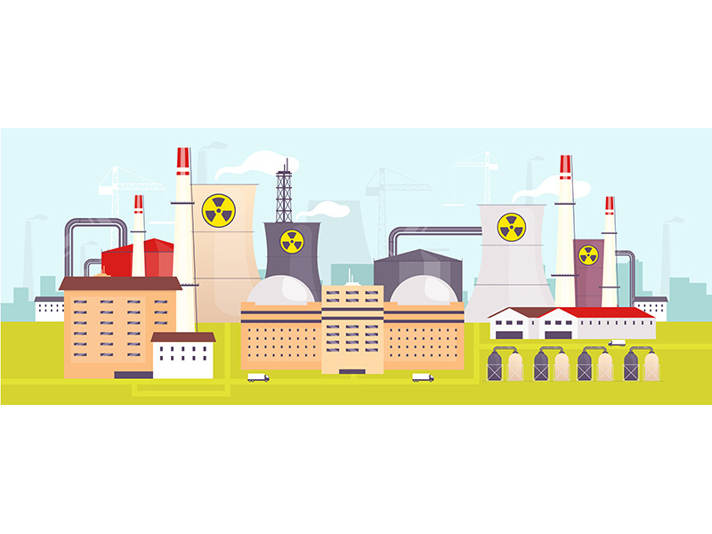 Nuclear power plant flat color vector illustration
