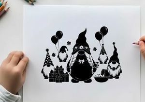 Black silhouette of gnomes celebrating a festive holiday with balloons and gifts
