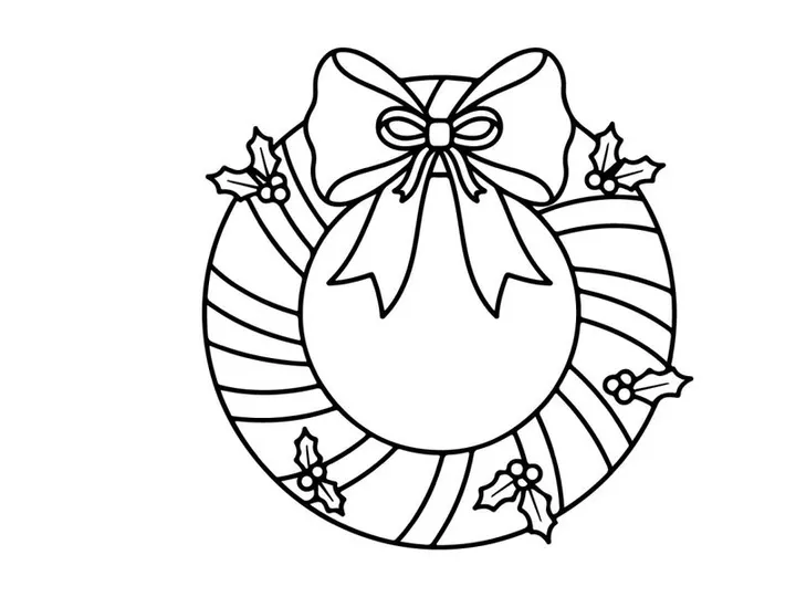 Christmas wreath line art illustration with festive bow and holly berries for coloring page