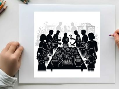 Silhouette of people gathered around a large table with food and drinks silhouette