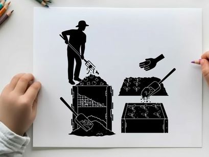 Silhouette of a man composting with a shovel and turning pile silhouette