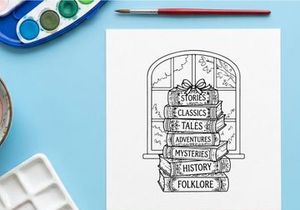 Stack of Christmas books with bow in front of window, hand drawn line art illustration.