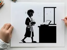 Silhouette of a boy walking past a desk with a laptop