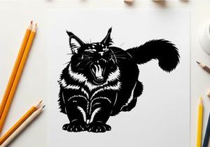 A silhouette of an aggressive black cat with mouth open and tail raised