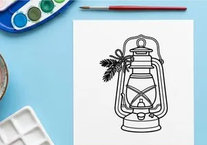 Christmas lantern line art illustration with pine branches and a festive bow