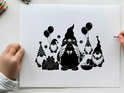 Black silhouette of gnomes celebrating a festive holiday with balloons and gifts