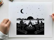 Silhouette of people by a campfire at night