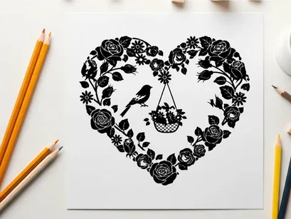 Silhouette heart with bird and floral hanging basket silhouette
