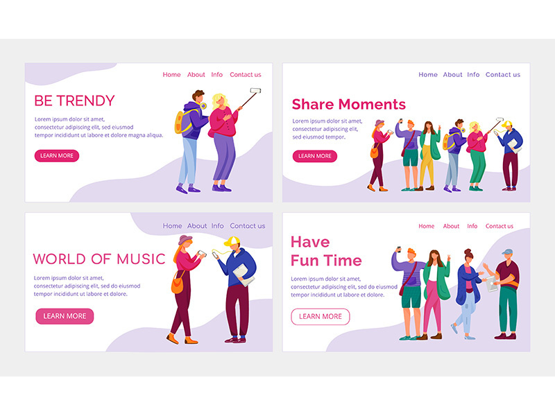 Teenager culture landing page vector template set