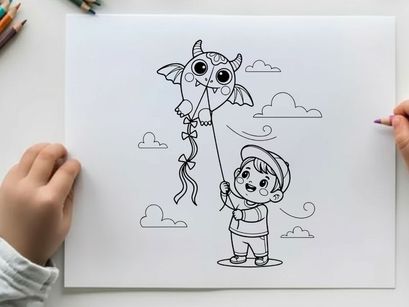 Child flying owl kite outdoor fun vector illustration