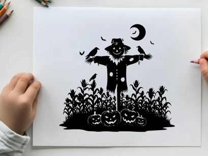 Scarecrow silhouette standing in a cornfield at night