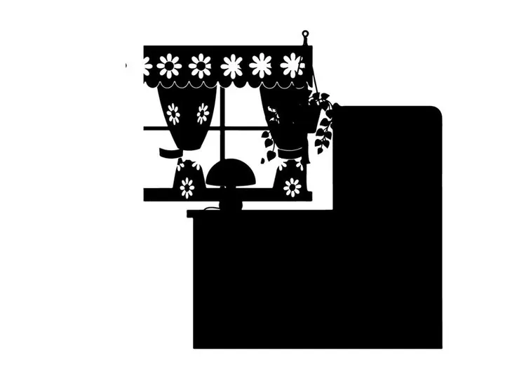 Silhouette of kitchen appliances and window with curtains