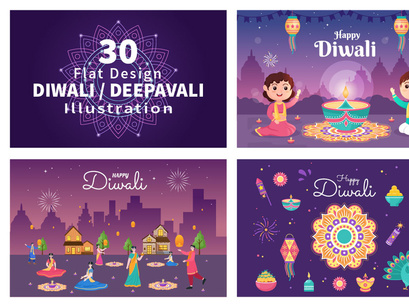 30 Indian Celebrating Diwali Day Illustration
