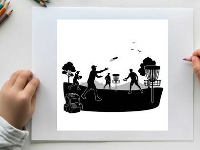 Silhouette of people playing disc golf in a park with trees and baskets