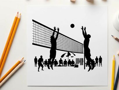 Volleyball players in action silhouette on the beach court