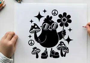 Groovy silhouette of a bird with peace signs and flowers
