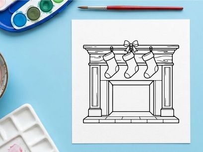 Line Art Illustration of a Fireplace with Hanging Stockings
