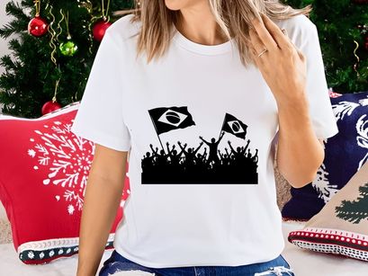 Brazilian flags waving in protest or celebration with a crowd of people