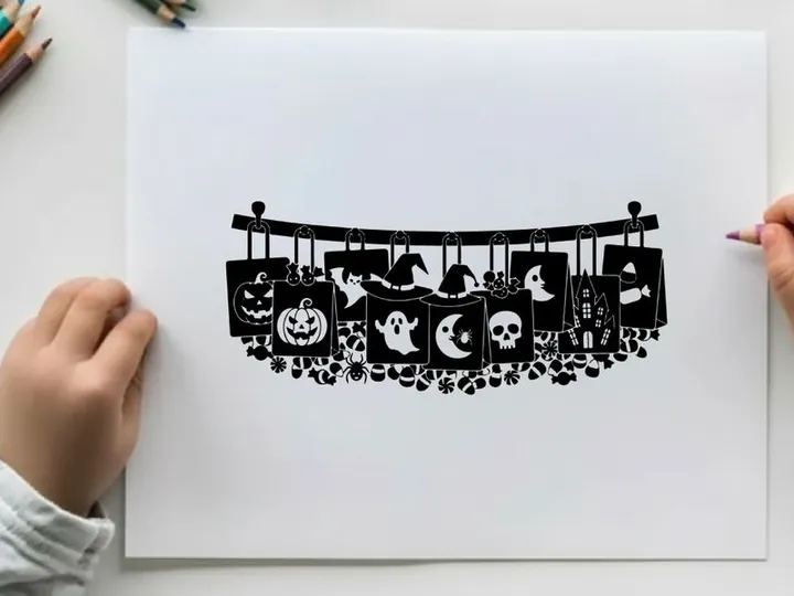 Halloween silhouette banner with various spooky decorations and silhouette