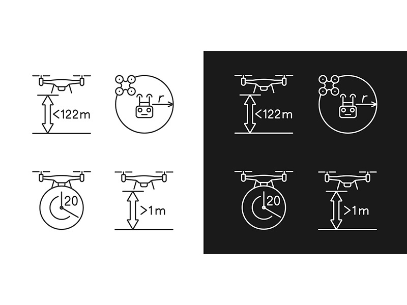 Drone proper control linear manual label icons set for dark and light mode