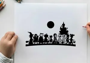 Halloween silhouette scene with spooky characters and haunted house