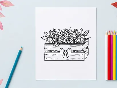 Caixa de madeira para plantas de Natal desenhada à mão, preenchida com vegetação festiva e um laço decorativo